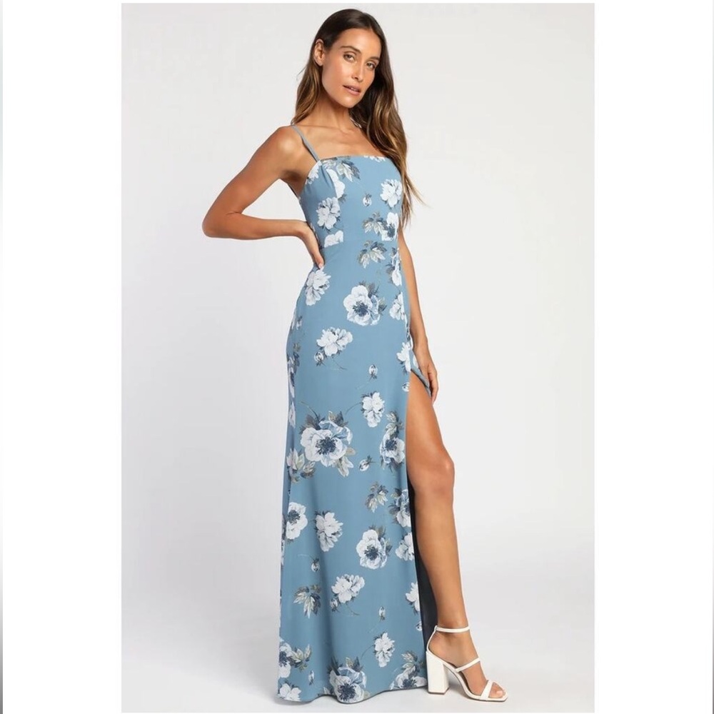 Lulus Feeling Elegant Slate Blue Floral Print Lace-Up Slit Maxi Dress S